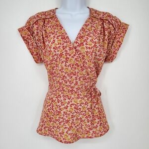 Pink Red Yellow Floral Faux Wrap Top Large Boho Contemporary Colorful Cottage